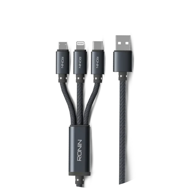 Ronin 3-in-1 Charging Cable – Lightning, Micro USB & USB-C, 1.2M Braided Fast Charger