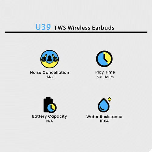 U 39 Wireless Earbuds Bluetooth 5.4 – ANC Noise Cancellation, IPX4 Waterproof, USB-C Fast Charging (5–6H Playtime) Pakistan